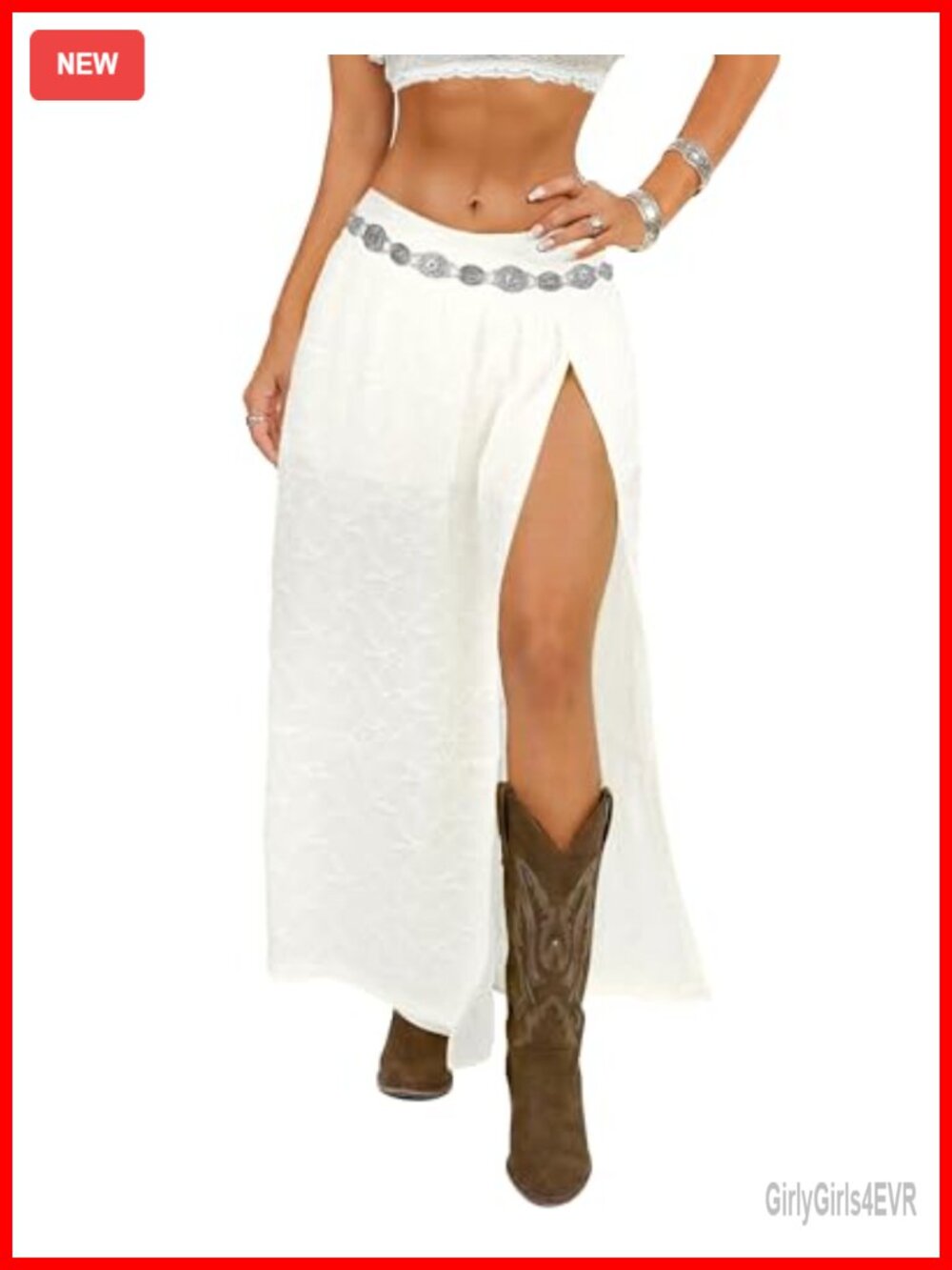 Boho Lace Maxi Skirt High Slit Elastic Waist Western Cowgirl Beach